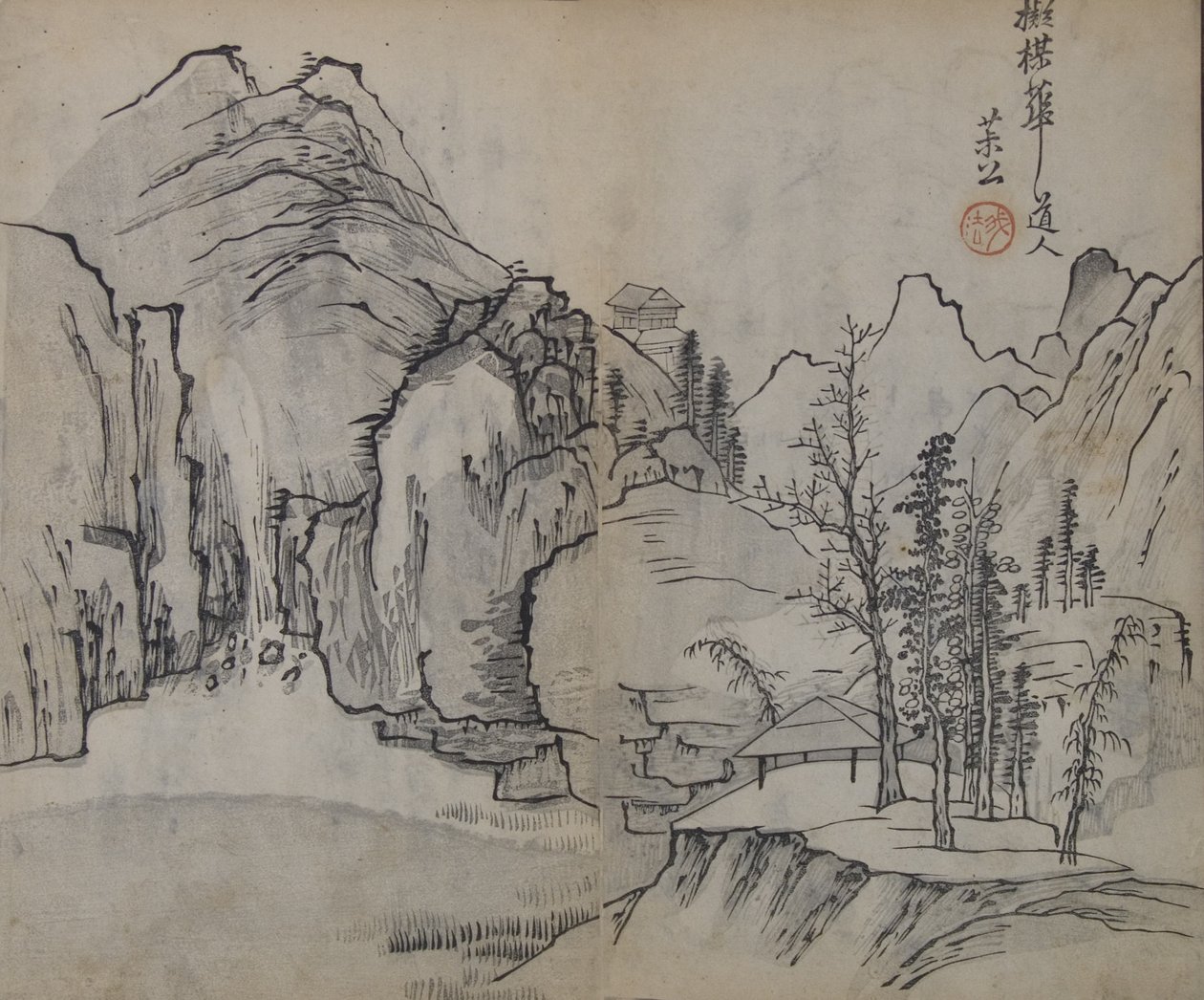 Tájkép Wu Zhen 1280-1354 után, a Mustármagos Kert Kézikönyvéből, első kiadás, 1679. alkotó: Wang Gai