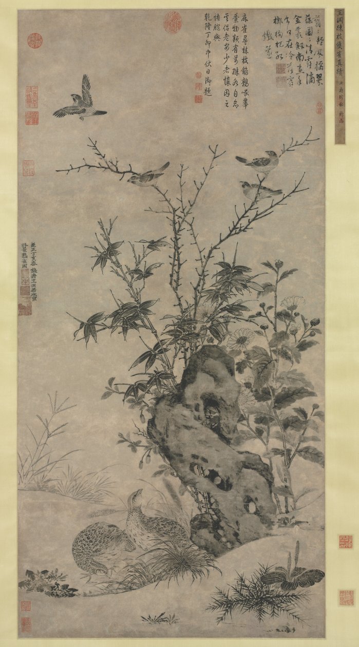 Fürjek és verebek egy őszi jelenetben, 1347. alkotó: Wang Yuan