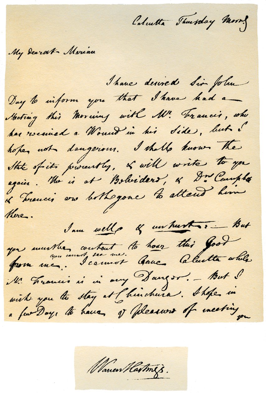 Warren Hastings, Bengál főkormányzójának levele feleségének, 1780. augusztus 17-én. alkotó: Warren Hastings