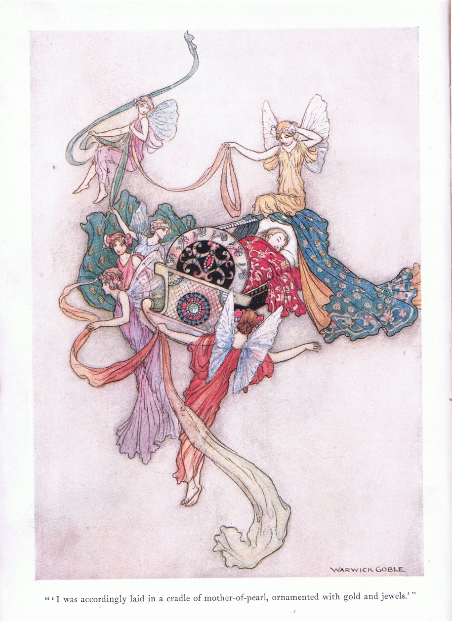 Ennek megfelelően arannyal és ékszerekkel díszített gyöngyházbölcsőbe fektettek alkotó: Warwick Goble