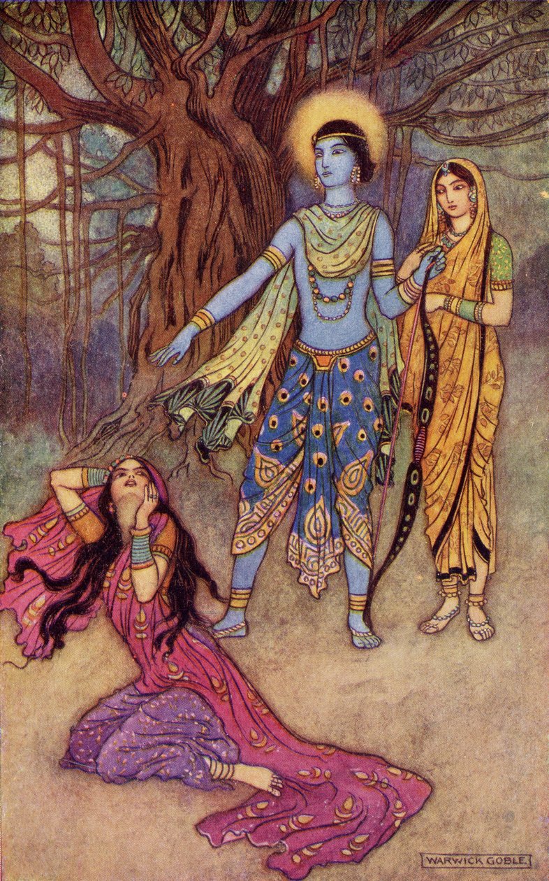 Rama Spurns the Demon Lover, illusztráció Donald A. Mackenzie „Indian Myth and Legend” című művéből, 1913-ban megjelent alkotó: Warwick Goble
