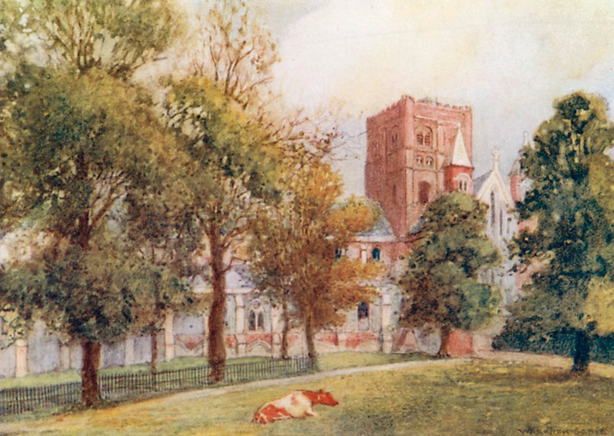 St Albans katedrális: Albans-i templom: A normann torony (színes litográfia) alkotó: Warwick (after) Goble