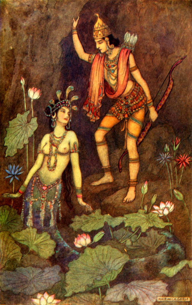 "Arjuna és a nimfa folyó", 1913. alkotó: Warwick Goble