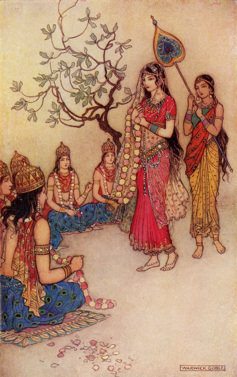 Damatanti Férjválasztás, illusztráció Donald A. Mackenzie „Indian Myth and Legend” című művéből, 1913-ban alkotó: Warwick Goble