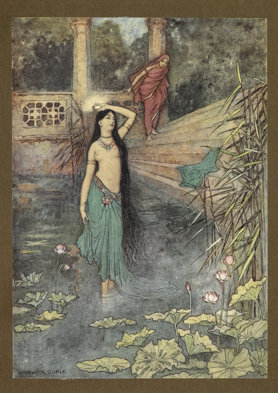Frontispiece: "Kirohant a palotából... és a felső világba jött." a Folk-Tales of Bengal... Warwick Goble 32 színes illusztrációjával (Edition de luxe.) alkotó: Warwick Goble