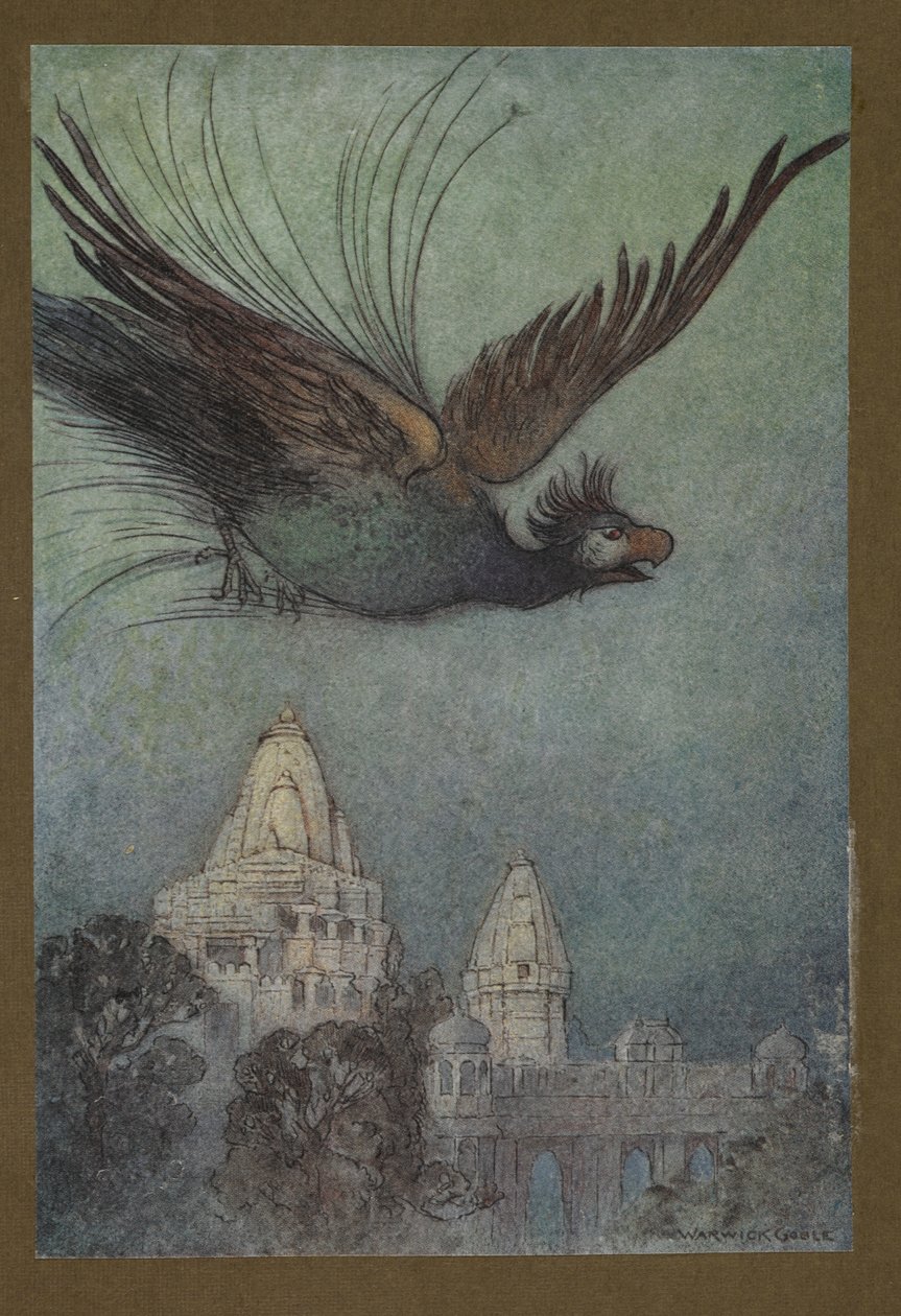 10. tábla: "Szörnyű madár jön ki látszólag a palotából", a Folk-Tales of Bengal... Warwick Goble 32 színes illusztrációjával (Edition de luxe.) 1914 (színes litó) alkotó: Warwick Goble