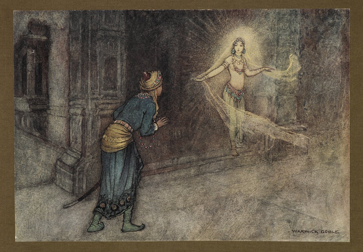 13. tábla: "Egy gyönyörű nőt látott kijönni a palotából", a Folk-Tales of Bengal ... 32 színes illusztrációval Warwick Goble-tól (Luxus kiadás) 1914 (színes litó) alkotó: Warwick Goble