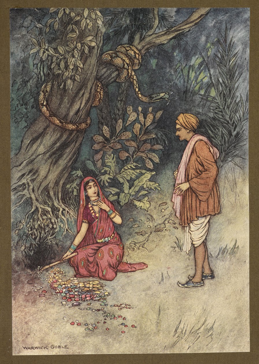 14. tábla: "Férj, vedd fel ezt a nagy mennyiségű aranyat és ezeket a drágaköveket" a Folk-Tales of Bengal-ból... Warwick Goble 32 színes illusztrációjával (Edition de luxe) alkotó: Warwick Goble