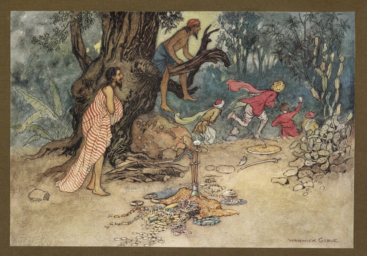 15. tábla: "Nagy félelemmel elmenekültek, otthagyták a pénzt és az ékszereket a "Bengáli népmesékből... Warwick Goble 32 színes illusztrációjával (Edition de luxe) alkotó: Warwick Goble
