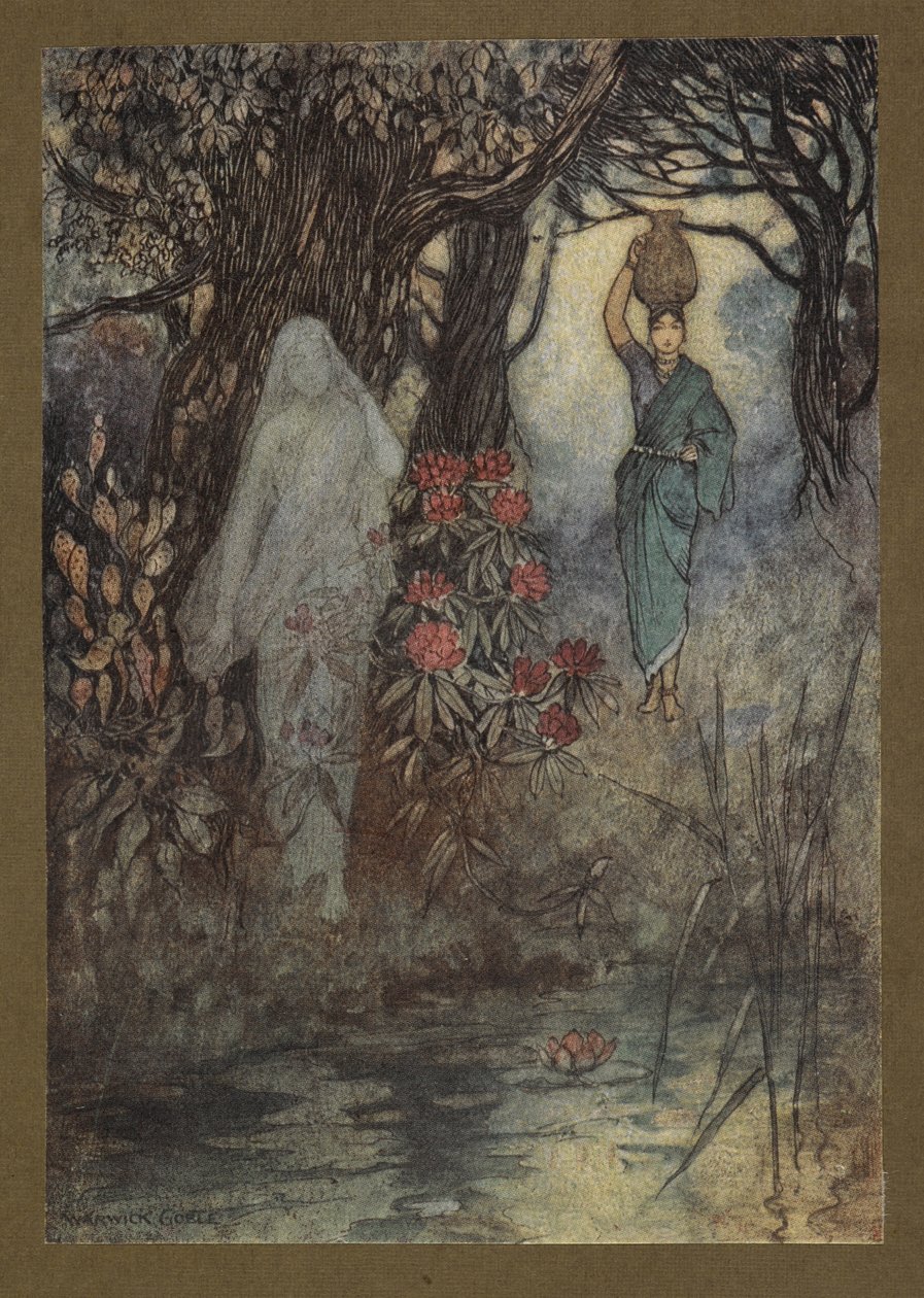 18. tábla: "A Brahman feleségének volt alkalma elmenni a tankhoz, és menet közben megsimogatta egy Sankchinni", a Folk-Tales of Bengalból... Warwick Goble 32 színes illusztrációjával. (De luxe kiadás.) alkotó: Warwick Goble