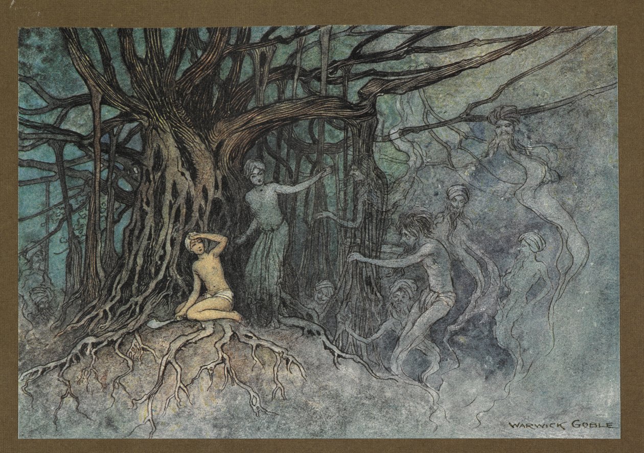 19. tábla: "Abban a pillanatban, amikor az első ütést leadták, nagyon sok szellem rohant a Brahman felé, a "Bengáli népmesékből... Warwick Goble 32 színes illusztrációjával (Edition de luxe.) alkotó: Warwick Goble