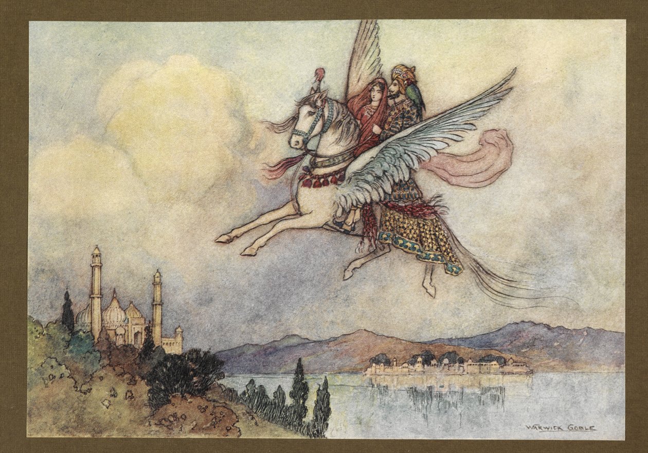 20. tábla: "A hölgy, a király és a hiraman épségben és épségben megérkeztek a király fővárosába", a Folk-Tales of Bengal... 32 színes illusztrációval Warwick Goble-tól (Edition de luxe.) alkotó: Warwick Goble