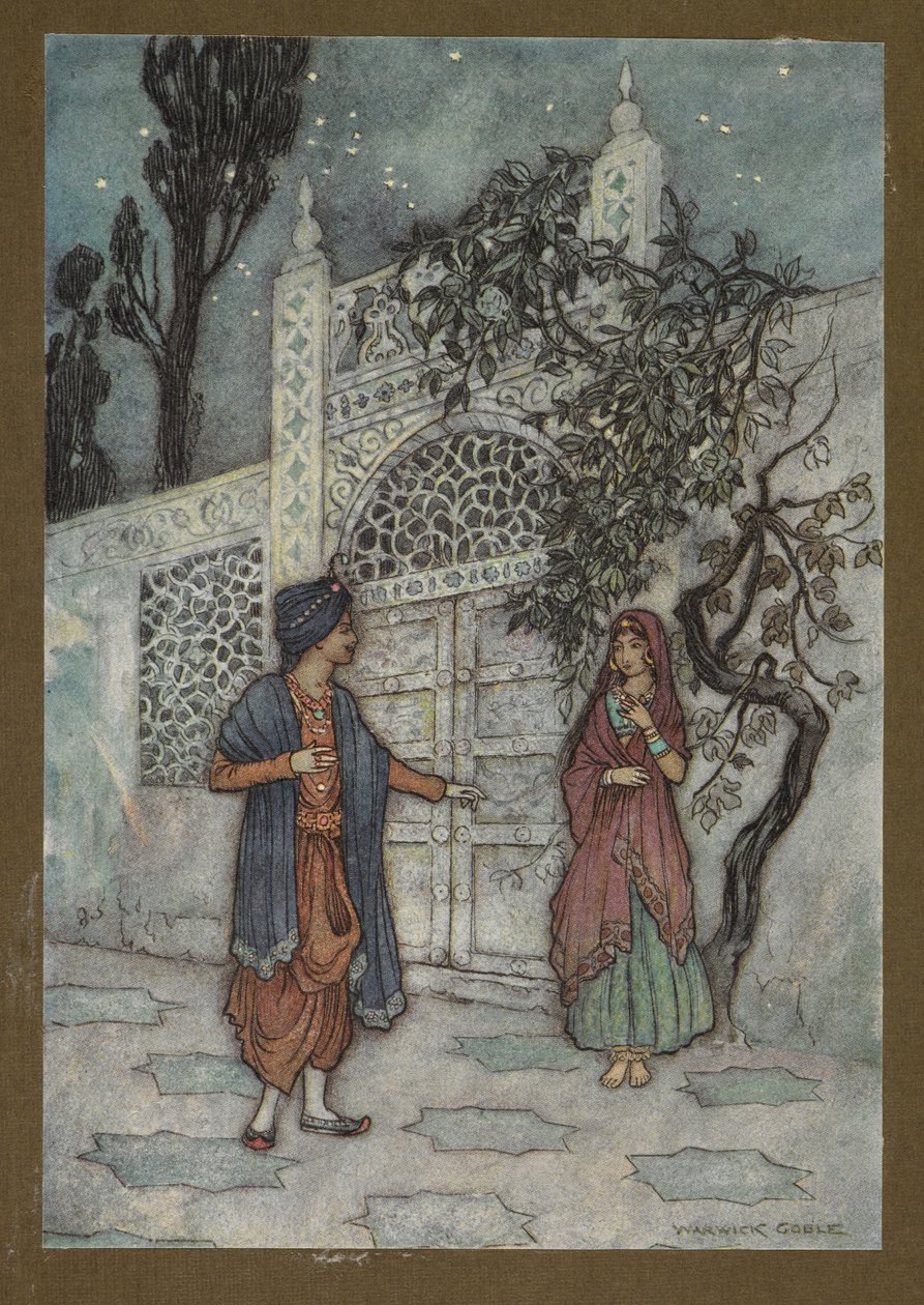2. tábla: "A herceg feléledt, és sétálva meglátott egy emberi alakot a kapu közelében", a Folk-Tales of Bengal... Warwick Goble 32 színes illusztrációjával alkotó: Warwick Goble