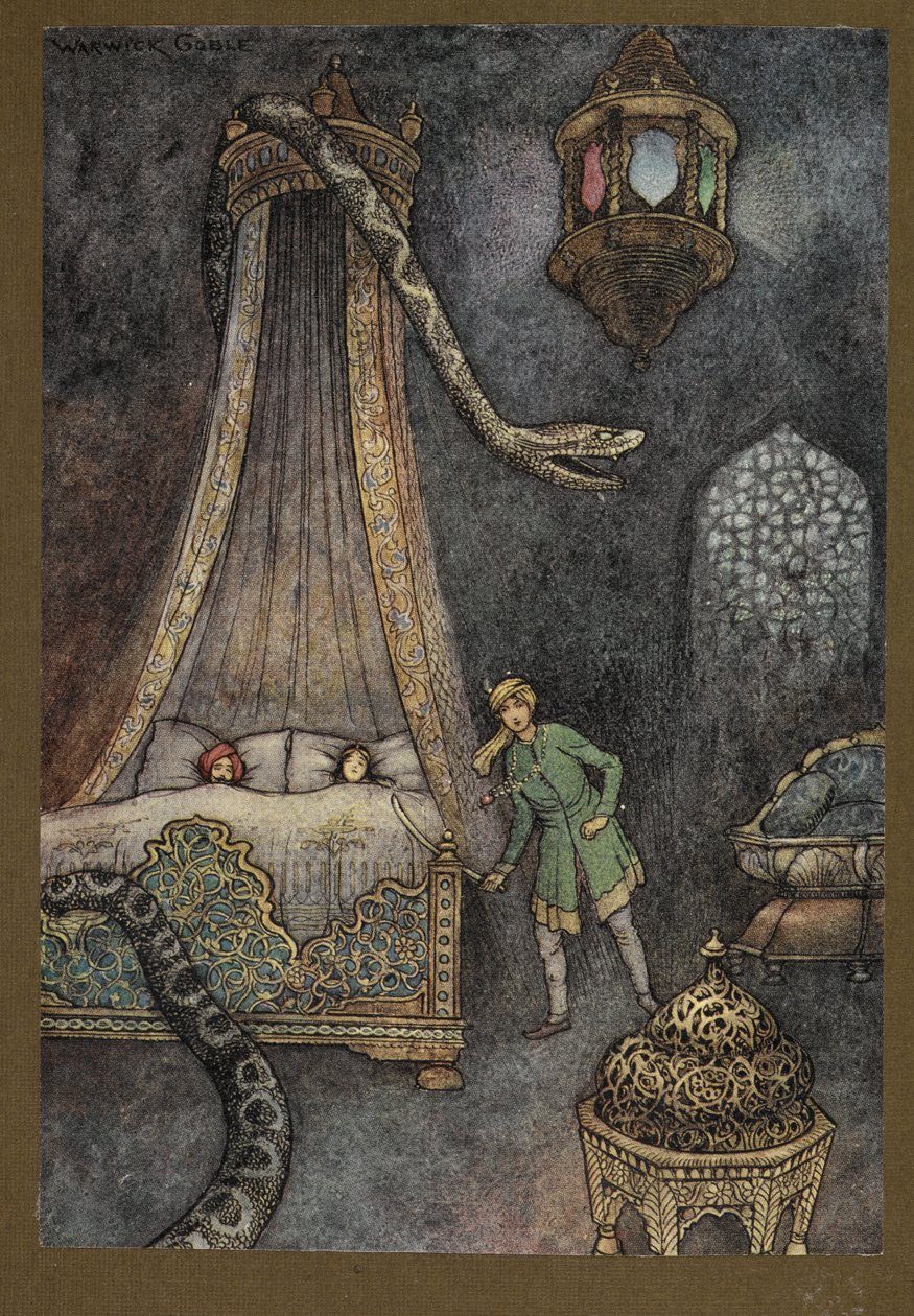 3. tábla: "Kirohant rejtekhelyéről és megölte a kígyót", a Folk-Tales of Bengal... 32 színes illusztrációval Warwick Goble-tól. (De luxe kiadás) alkotó: Warwick Goble