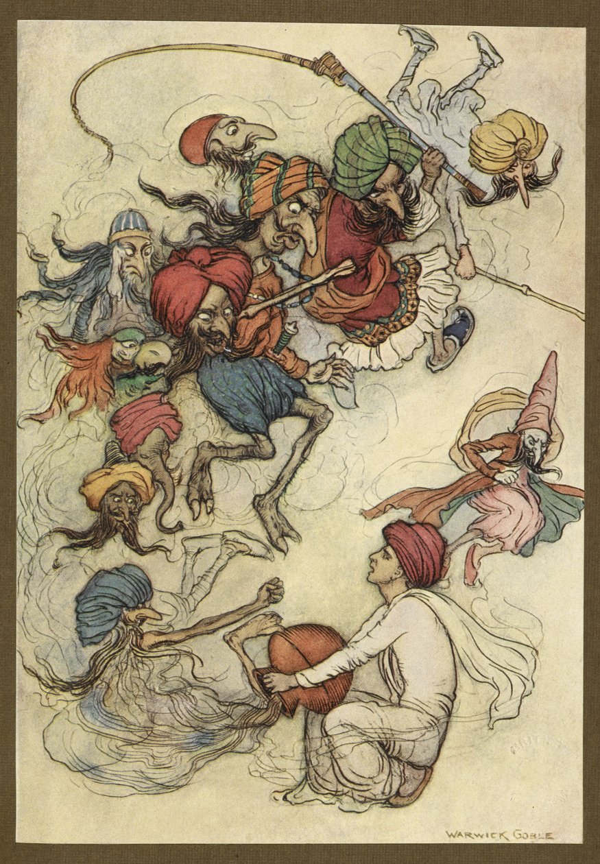 4. tábla: "Édességek helyett körülbelül egy tucat démon." Folk-Tales of Bengal ... Warwick Goble 32 színes illusztrációjával. (De luxe kiadás.) alkotó: Warwick Goble