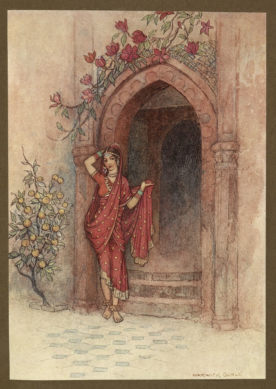 5. tábla: "Melynek ajtajában egy gyönyörű szépségű hölgy állt", a Folk-Tales of Bengal... 32 színes illusztrációval Warwick Goble-tól. (De luxe kiadás) alkotó: Warwick Goble