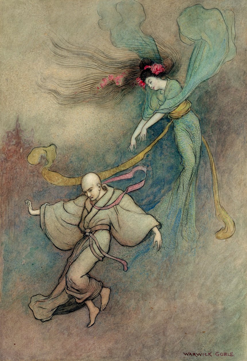 A Dojoji harangja (toll és tinta és akvarell ceruzával, papírra, kartonra fektetve) alkotó: Warwick Goble