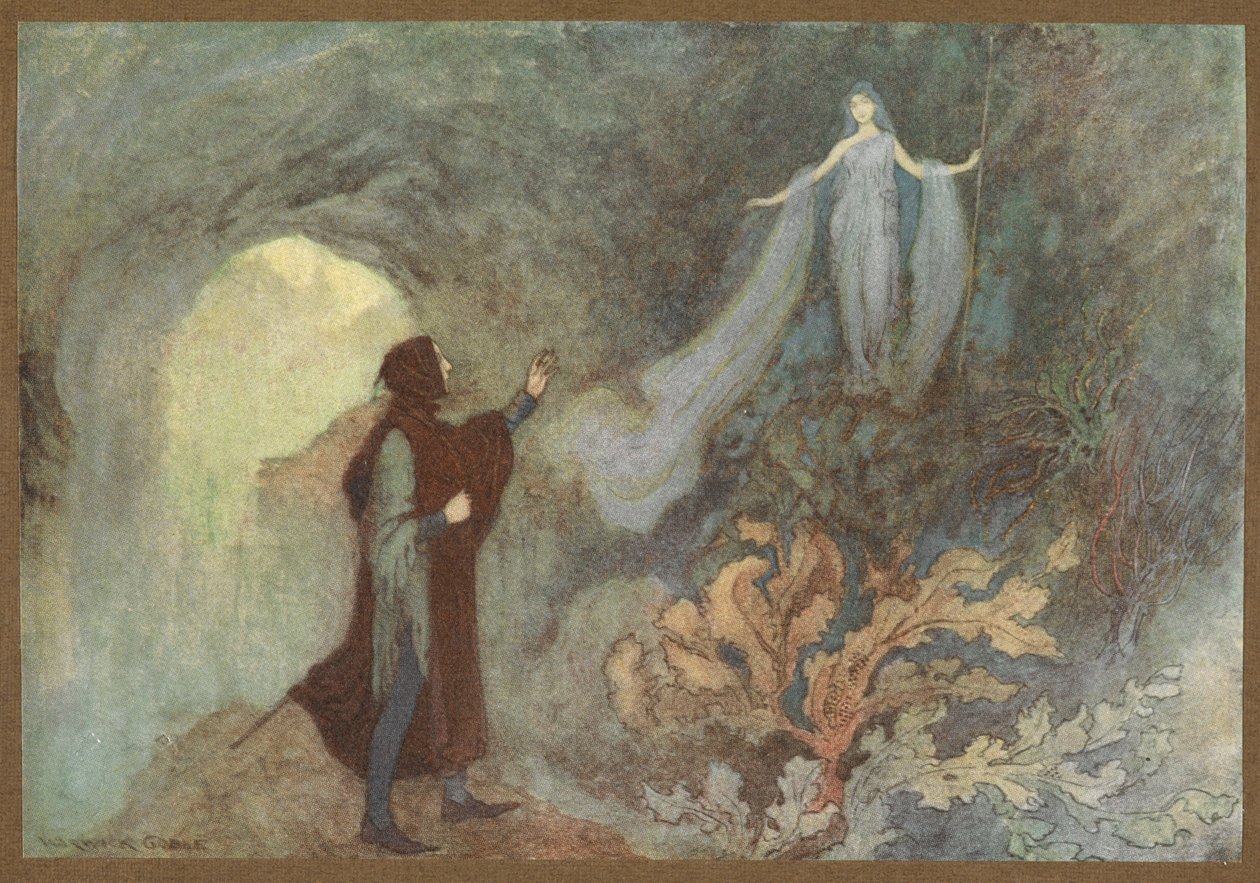 A tündér megjelenik a hercegnek a barlangban, Cenerentolából. alkotó: Warwick Goble