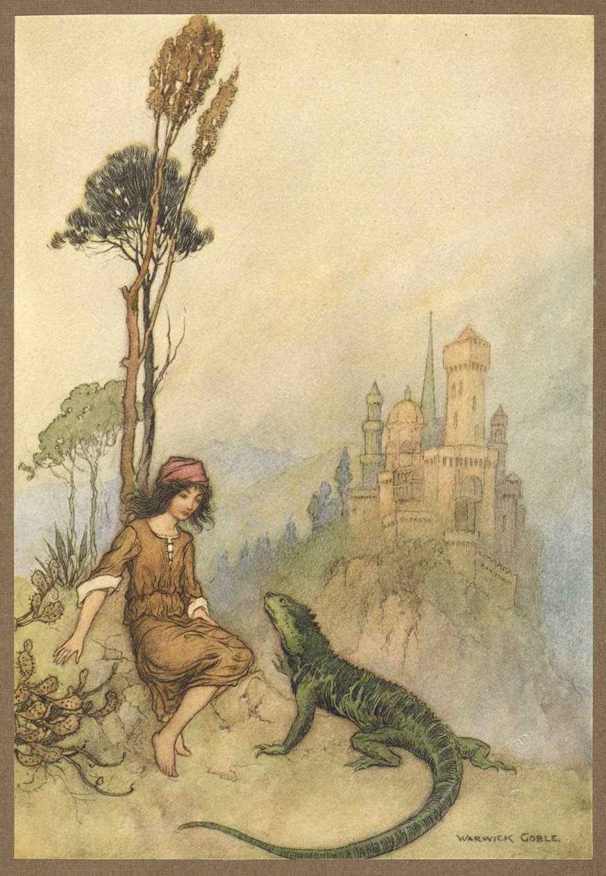 A gyík, amely a Kecske-arcot mutatja a palotában, a Goat-Face-ből. alkotó: Warwick Goble