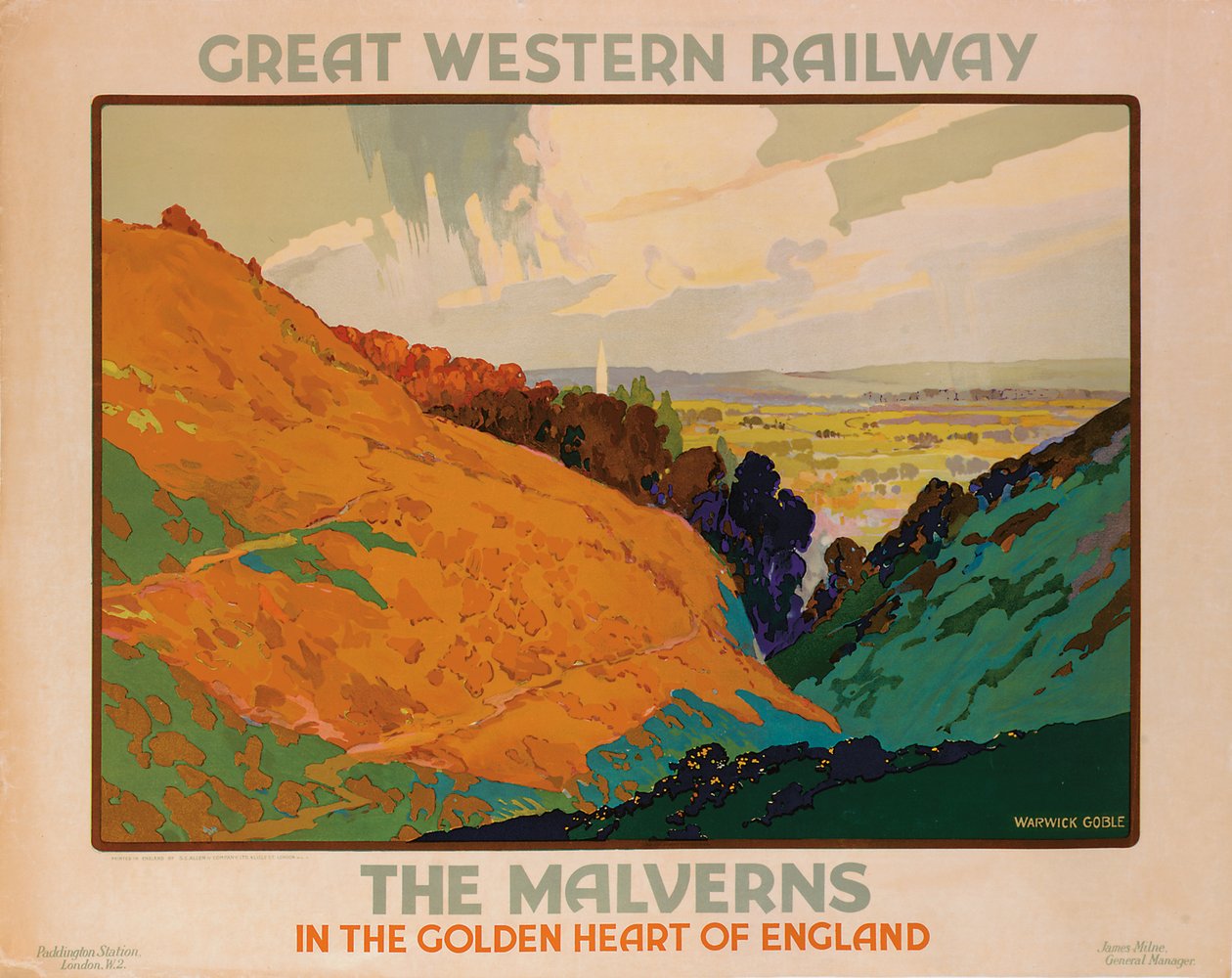 „The Malverns”, a Great Western Railway-t hirdető plakát alkotó: Warwick Goble