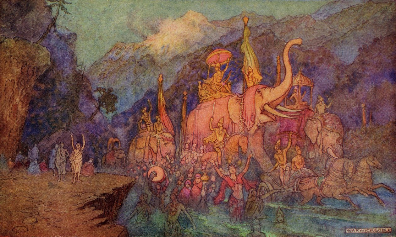 A tizennyolc napos csatában megölt hősök visszatérése, illusztráció Donald A. Mackenzie „Indian Myth and Legend” című művéből, 1913-ban. alkotó: Warwick Goble