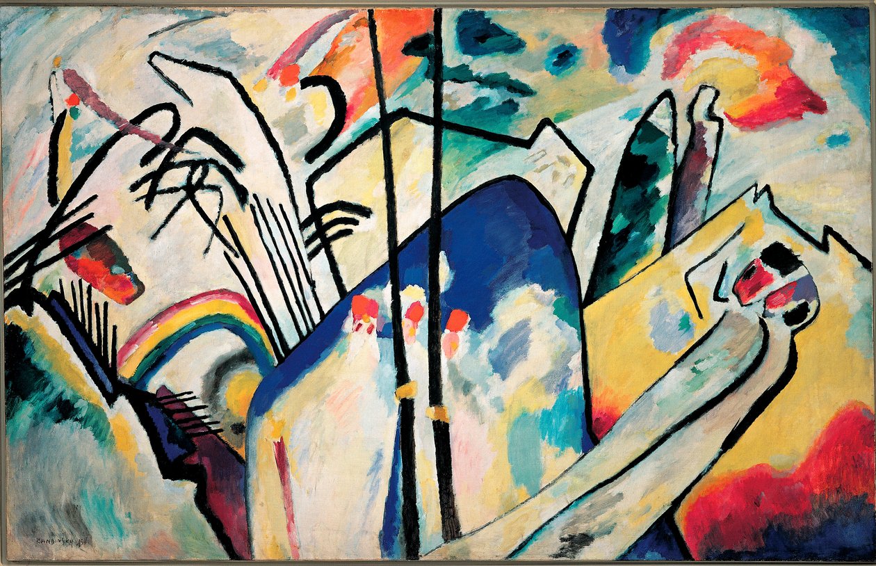 IV. kompozíció Vaszilij Kandinszkij festménye (vagy Vaszilij Kandinszkij vagy Kandinszkij, 1866-1944) 1911 Dim. 160x250 cm Dusserdolf, Kunstsammlung Nordhein-Westfalen alkotó: Wassily Kandinsky