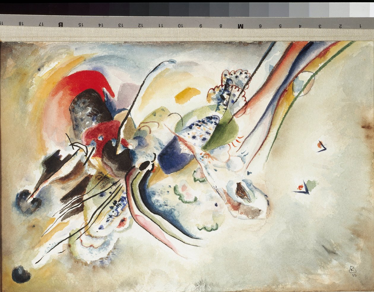 Kompozíció Akvarell és ceruza kartonon, Vaszilij Kandinszkij (vagy Vaszilij Kandinszkij vagy Kandinszkij, 1866-1944) 1916 Dime. 24x36 cm Milánó, Museo del Novecento alkotó: Wassily Kandinsky