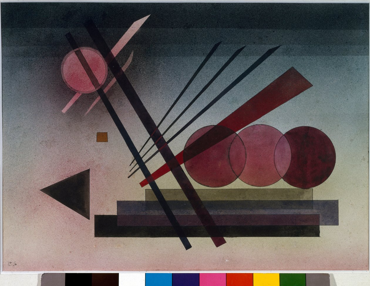 Expresszionizmus: „” Schwebende Kraft””” (felfüggesztett erő) Vaszilij Kandinszkij (vagy Wassily Kandinski vagy Kandinskij, 1866-1944) akvarellje. 1928 V. 34,5x47 cm Magángyűjtemény alkotó: Wassily Kandinsky