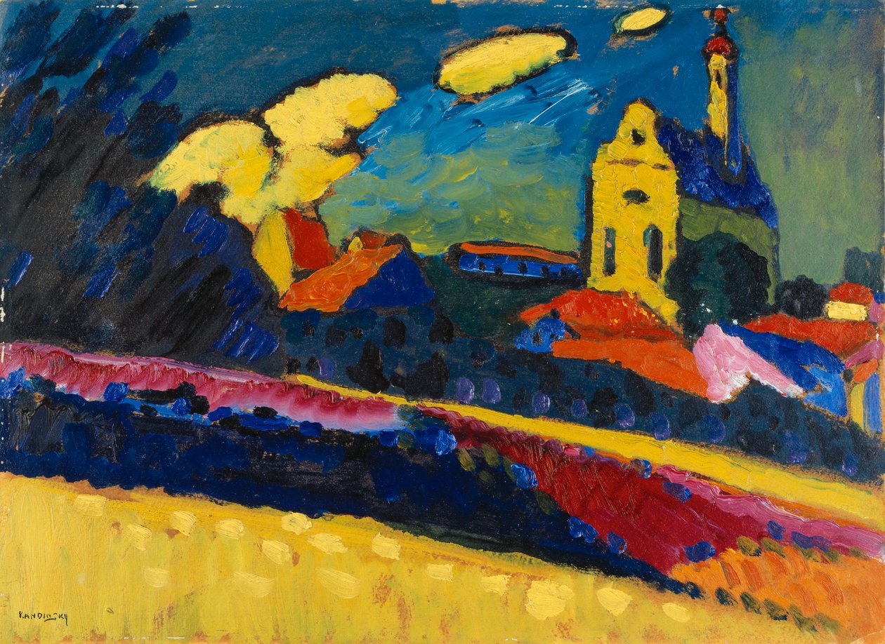 Tanulmány Murnau számára, Táj templommal, 1909 alkotó: Wassily Kandinsky