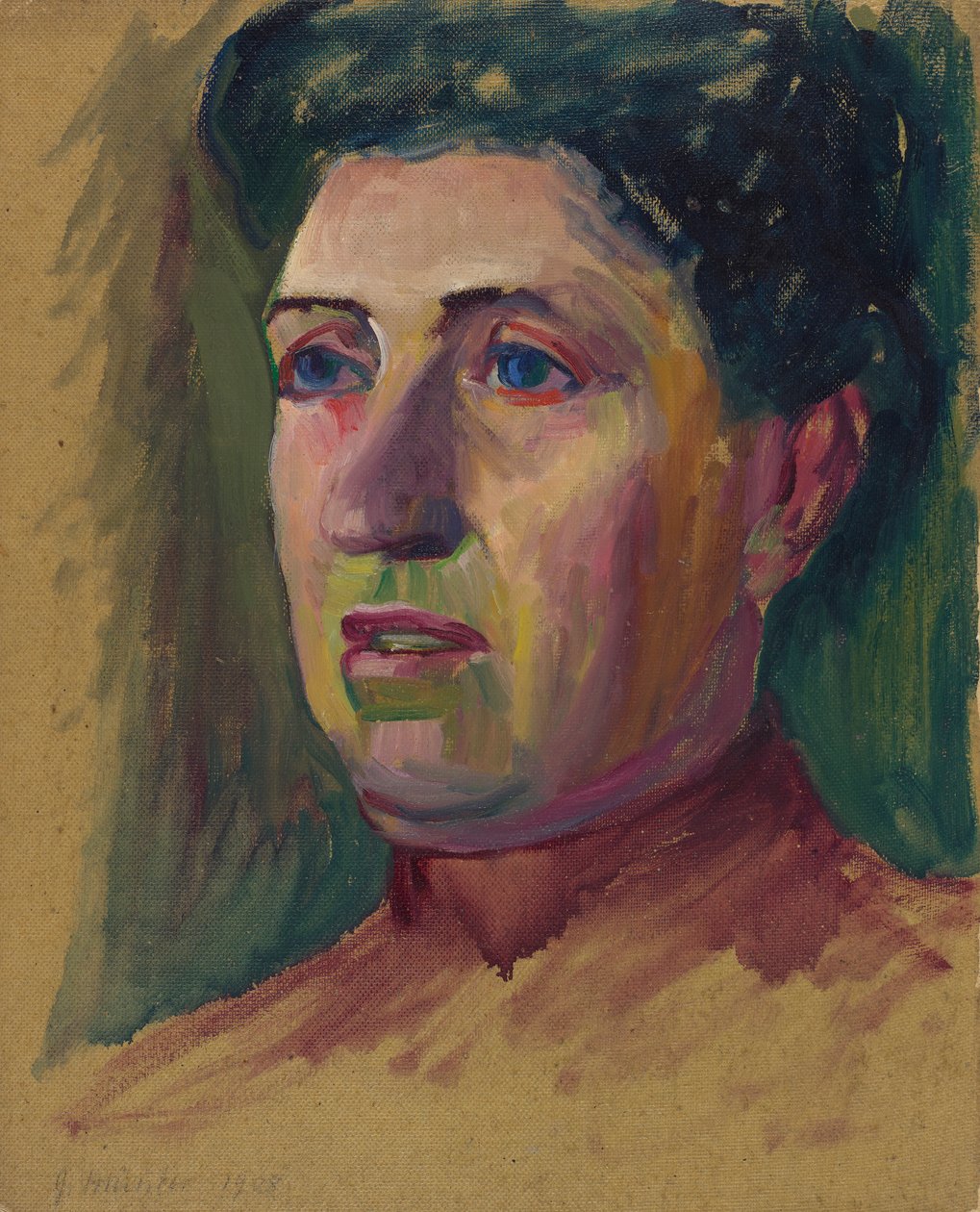 Mindkét oldalán festett: 1. Fej, csak az arc színesen kivitelezve; 2. Női fej Wassily Kandinskytól, Gabriele Müntertől alkotó: Wassily Kandinsky