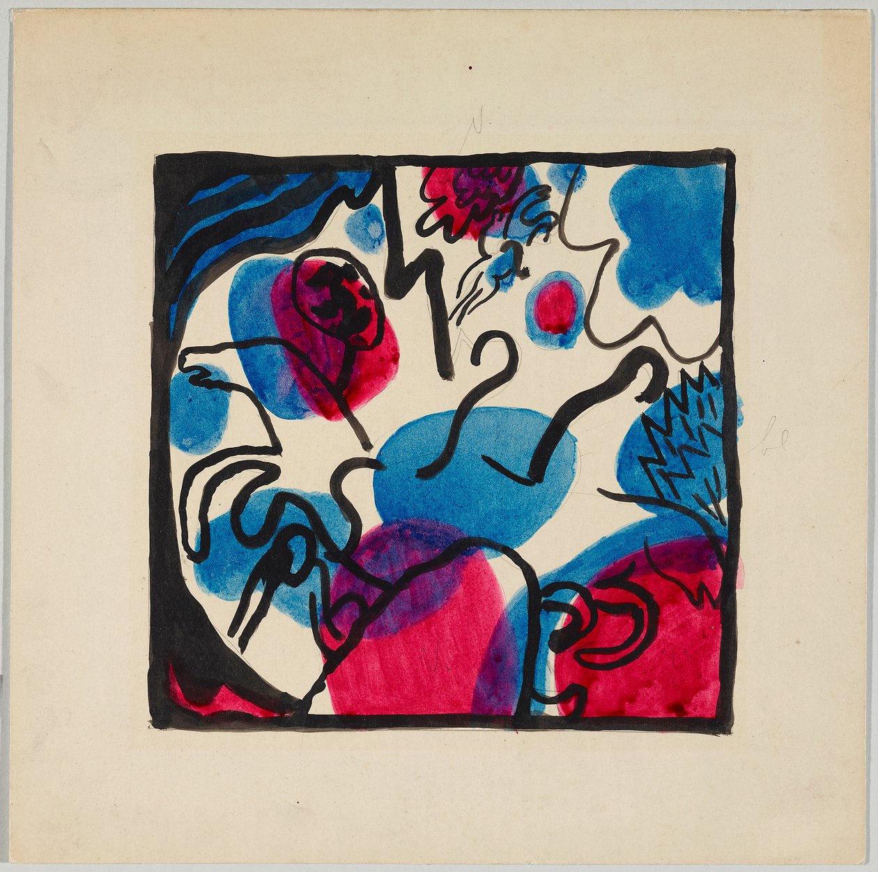 Tervezet a „Három lovas piros, kék és fekete színben” színes fametszethez alkotó: Wassily Kandinsky