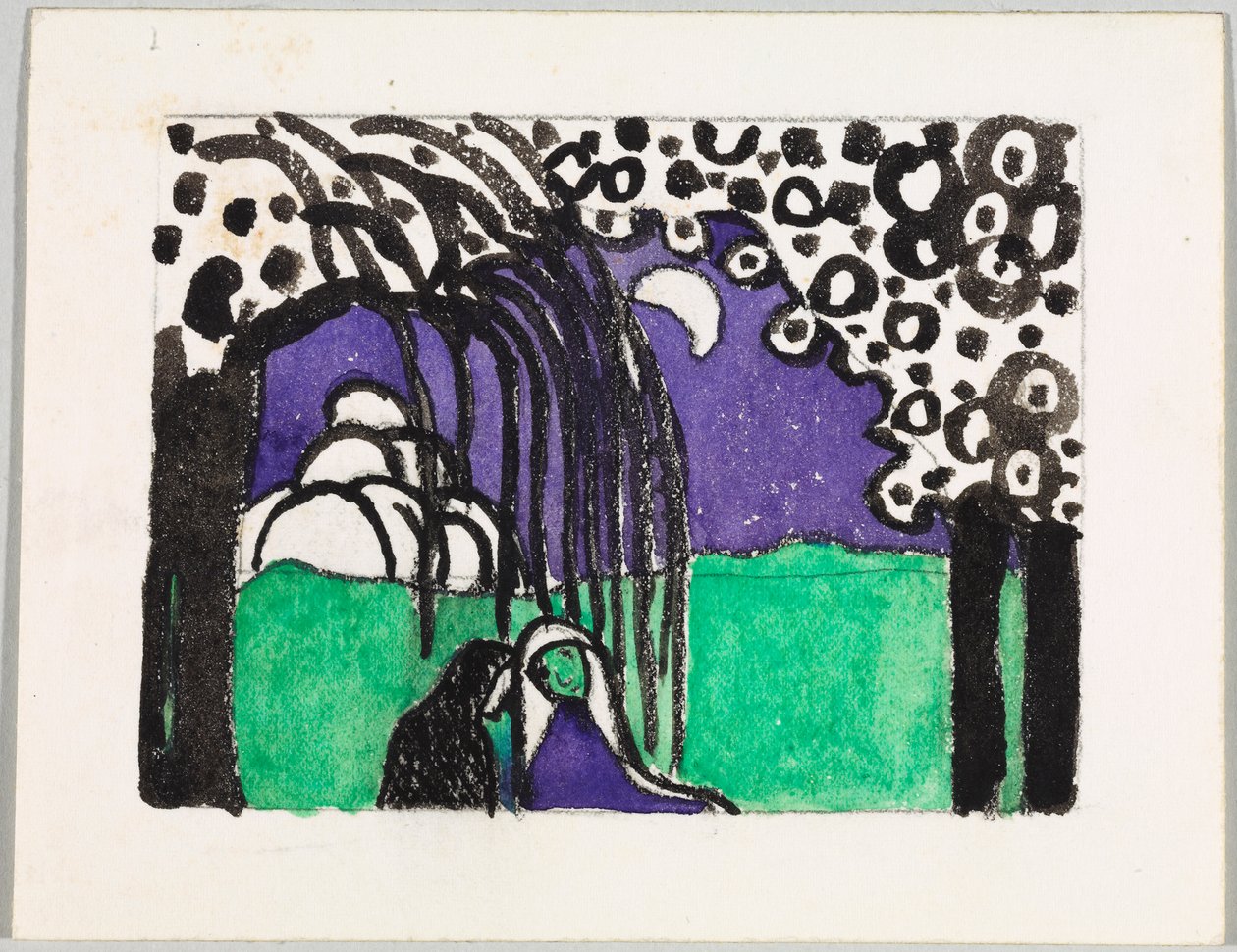 A „Két nő holdtájban” című színes fametszet vázlata alkotó: Wassily Kandinsky