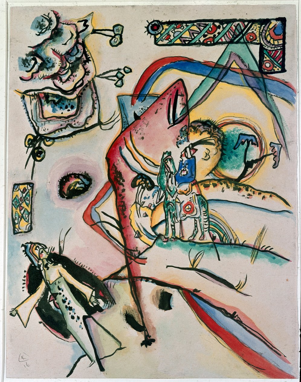 Expresszionizmus: „A lovas” Vaszilij Kandinszkij (vagy Vaszilij Kandinszkij vagy Kandinszkij, 1866-1944) festménye. 1916 New York, Modern Művészetek Múzeuma alkotó: Wassily Kandinsky