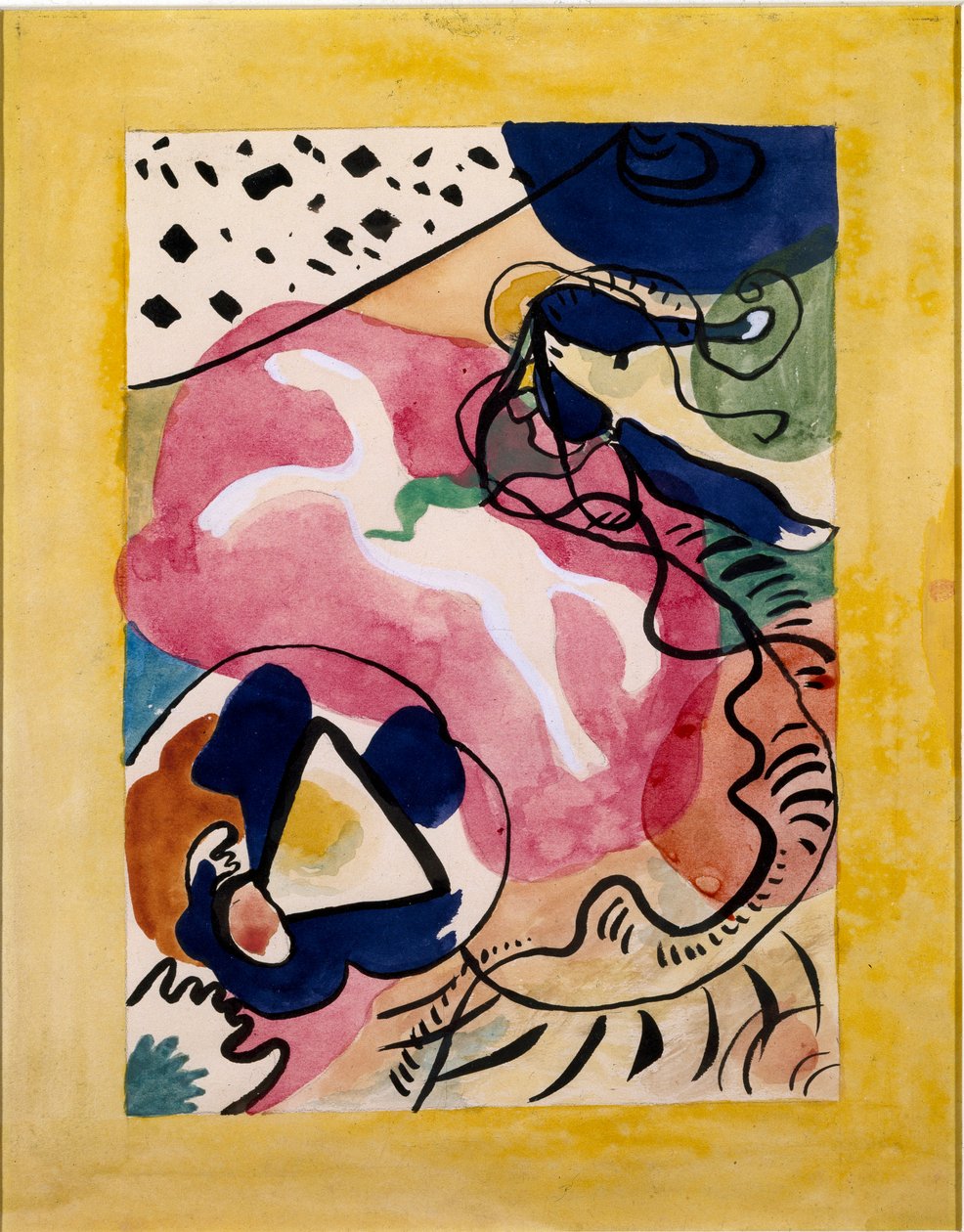 Expresszionizmus: Vaszilij Kandinszkij (vagy Wassily Kandinski vagy Kandinskij, 1866-1944) „A kék lovas” (Der Blaue Reiter) almanachjának borítóprojektje. Kínai tinta és akvarell. 1911 Dim. 27,7x21 alkotó: Wassily Kandinsky