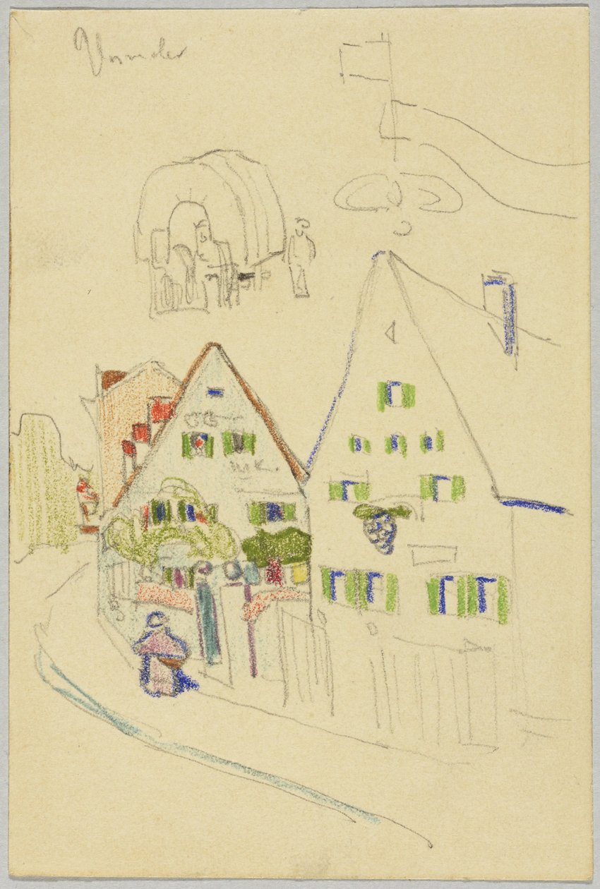 Sikátor oromzatos házakkal és fedett kocsikkal, hátoldal: Kilátás egy hagymakupolás templommal alkotó: Wassily Kandinsky