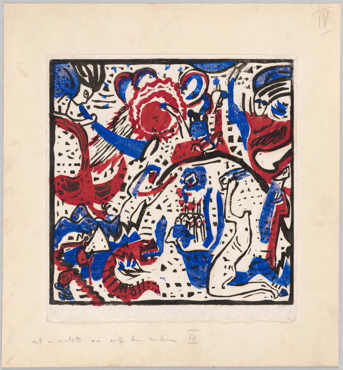 Holzschnitt nach dem Hinterglasbild "Große Auferstehung" (Probedruck mit Anweisungen für Kandinskys Buch "Klänge" (1912), S. 97) alkotó: Wassily Kandinsky