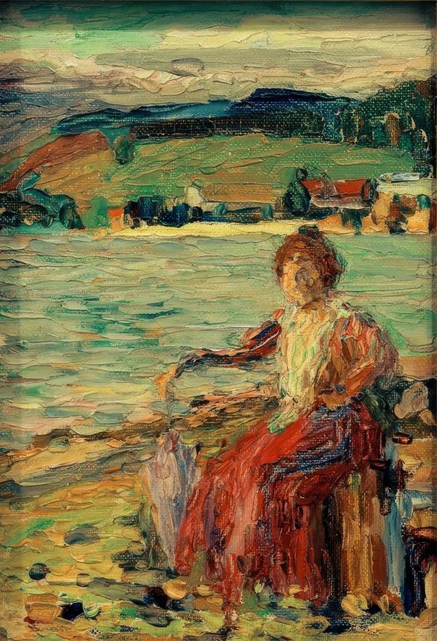 Piros ruhában a tóparton alkotó: Wassily Kandinsky