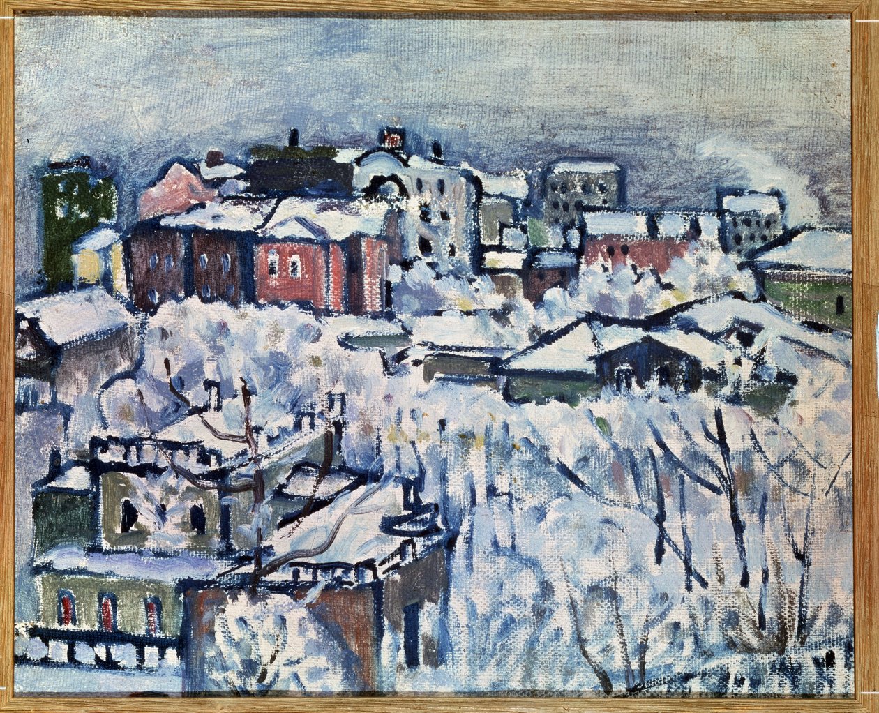 Téli nap. Szmolenszkij körút (Moszkva). (Téli nap. Szmolenszkij körút). Városi táj, hóval borított. Wassily Kandinsky (vagy Wassily Kandinski vagy Kandinskij) festménye alkotó: Wassily Kandinsky