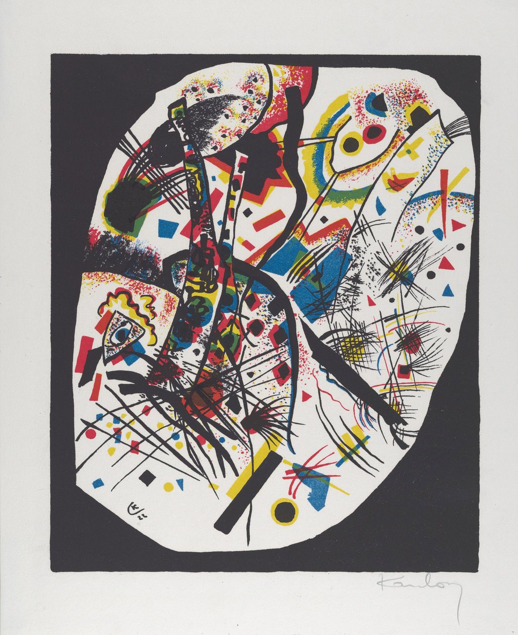 Kleine Welten III (Kis Világok III.), 1922 (vörös, kék, sárga és fekete litográfia) alkotó: Wassily Kandinsky