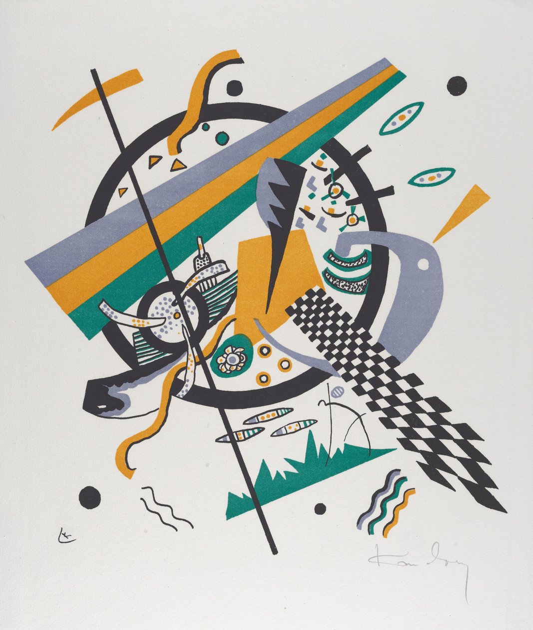 Kleine Welten IV (Kis Világok IV.), 1922 (zöld és narancssárga színben nyomtatott litográfia) alkotó: Wassily Kandinsky