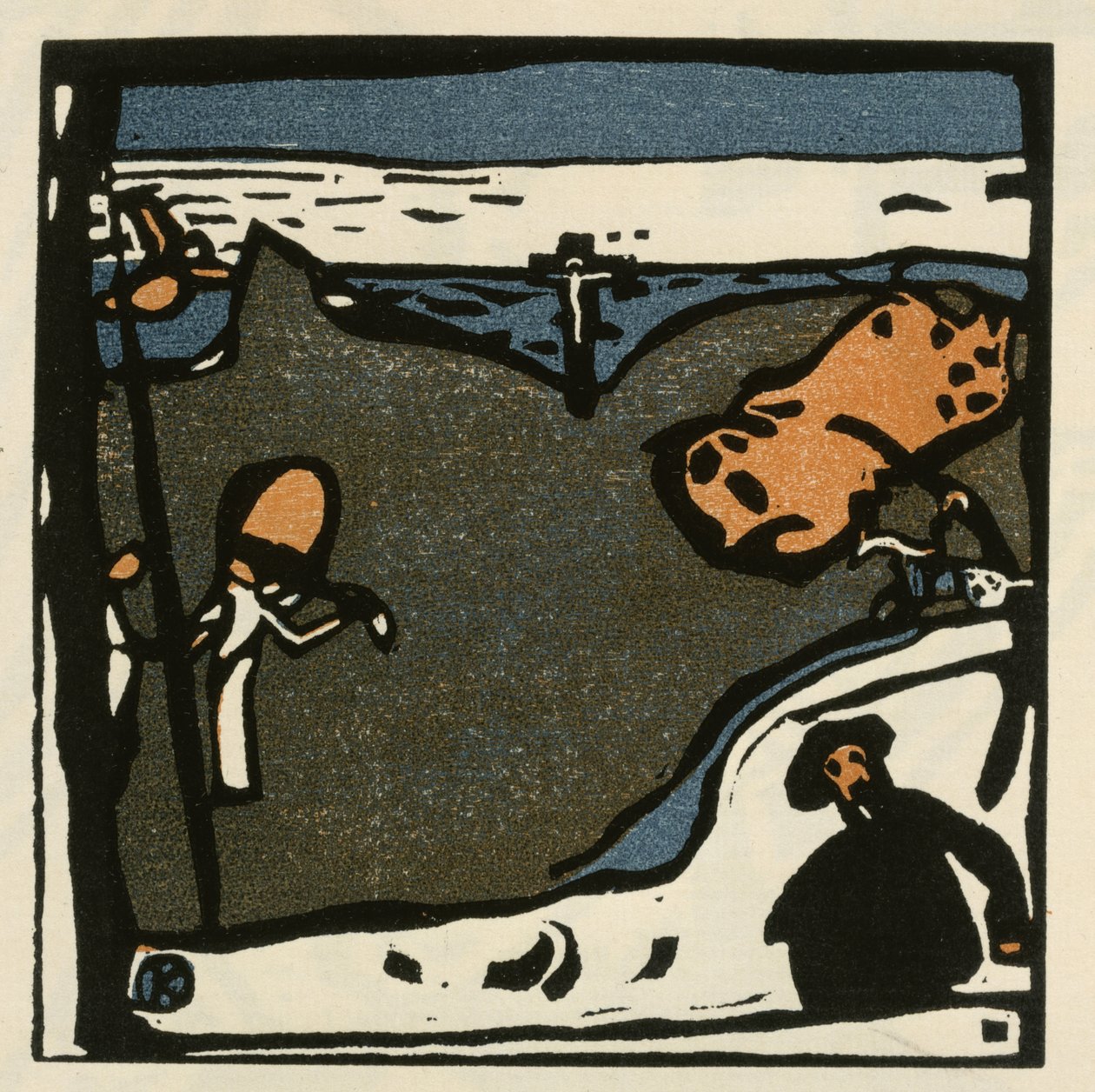 Táj alakokkal és feszülettel (49. lap a „Hangok” című sorozatból) alkotó: Wassily Kandinsky