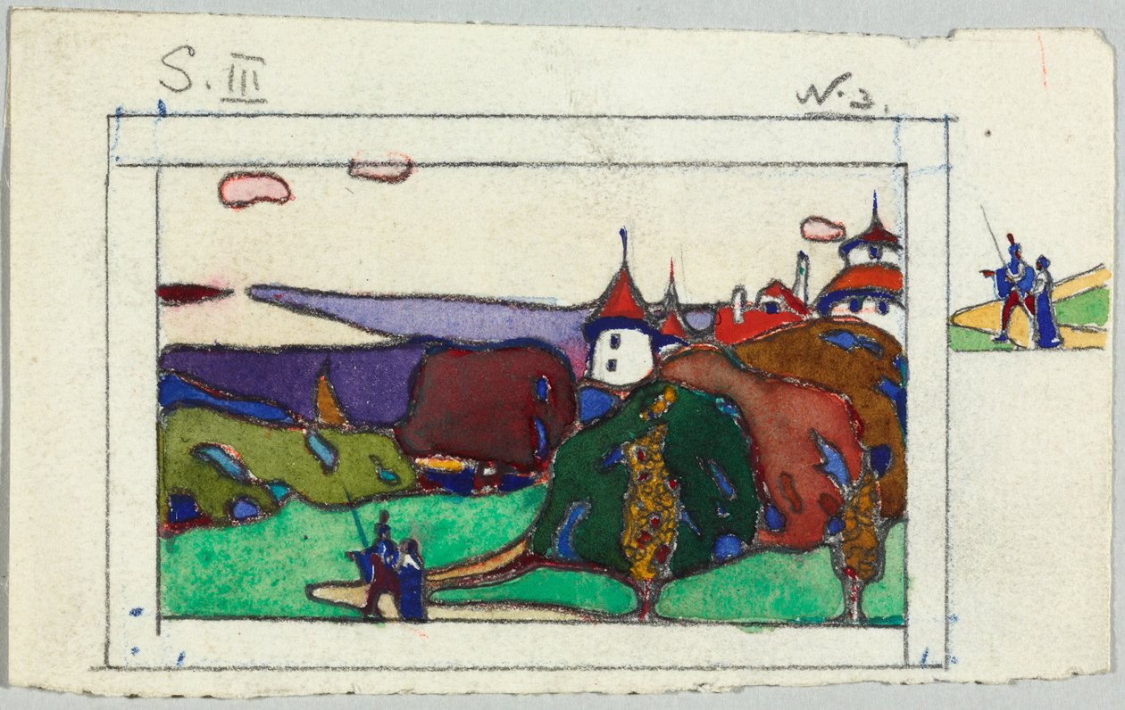 Tájkép középkori népviseletben lévő párral, hátoldalon: páncélos lovag részlete alkotó: Wassily Kandinsky