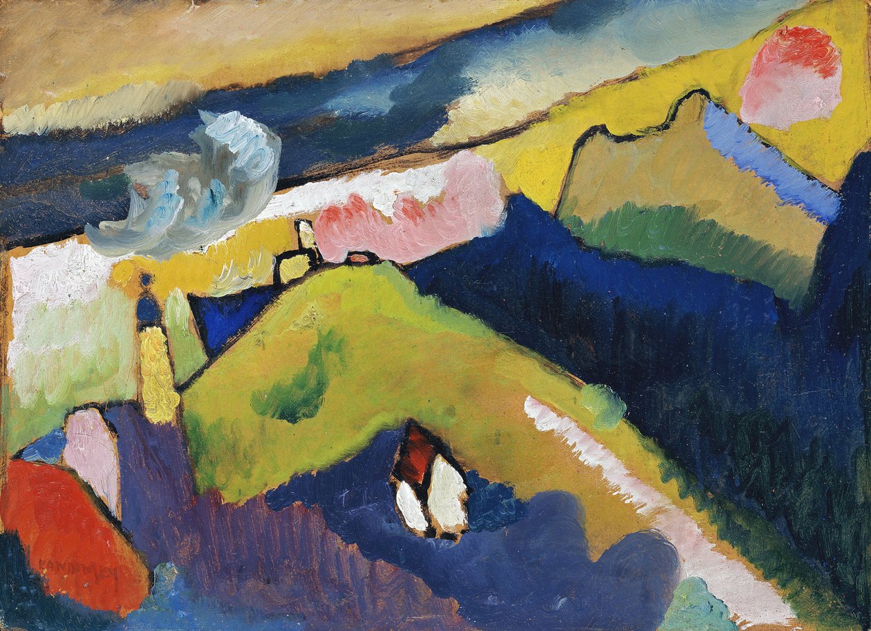 ""Murnau, hegyi táj a templommal"" Wassily Kandinsky (vagy Wassily Kandinski vagy Kandinskij) festménye alkotó: Wassily Kandinsky