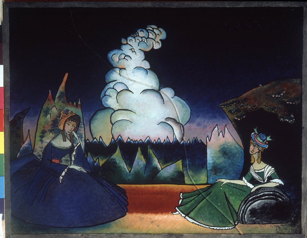 ""Fehér felhő"" (Fehér felhő) Wassily Kandinsky (vagy Wassily Kandinski vagy Kandinskij) festménye üvegre alkotó: Wassily Kandinsky