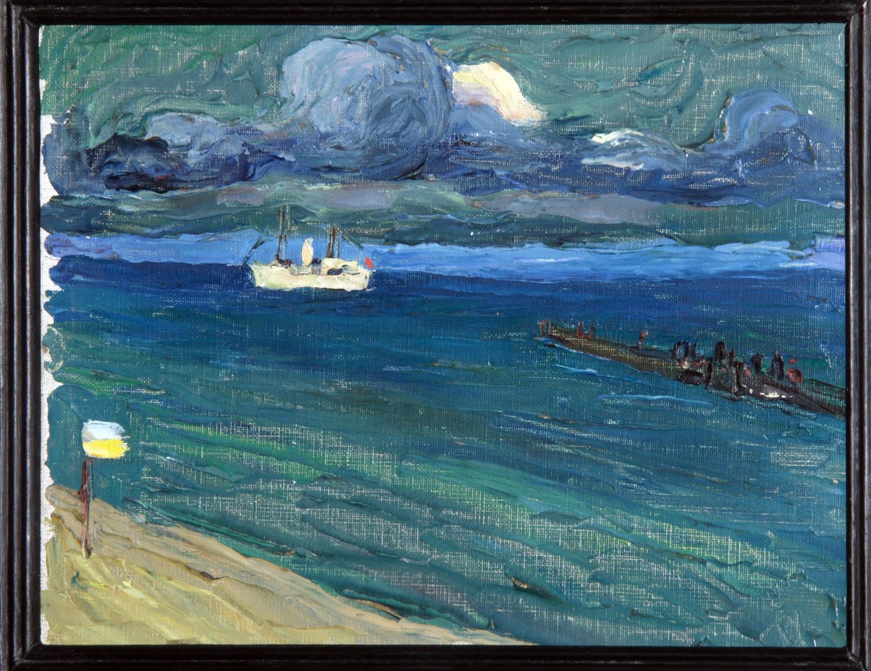 Rapallo (Olaszország). Táj egy gőzössel. (Rapallo. Táj gőzhajóval). Wassily Kandinsky (vagy Wassily Kandinski vagy Kandinskij) festménye alkotó: Wassily Kandinsky
