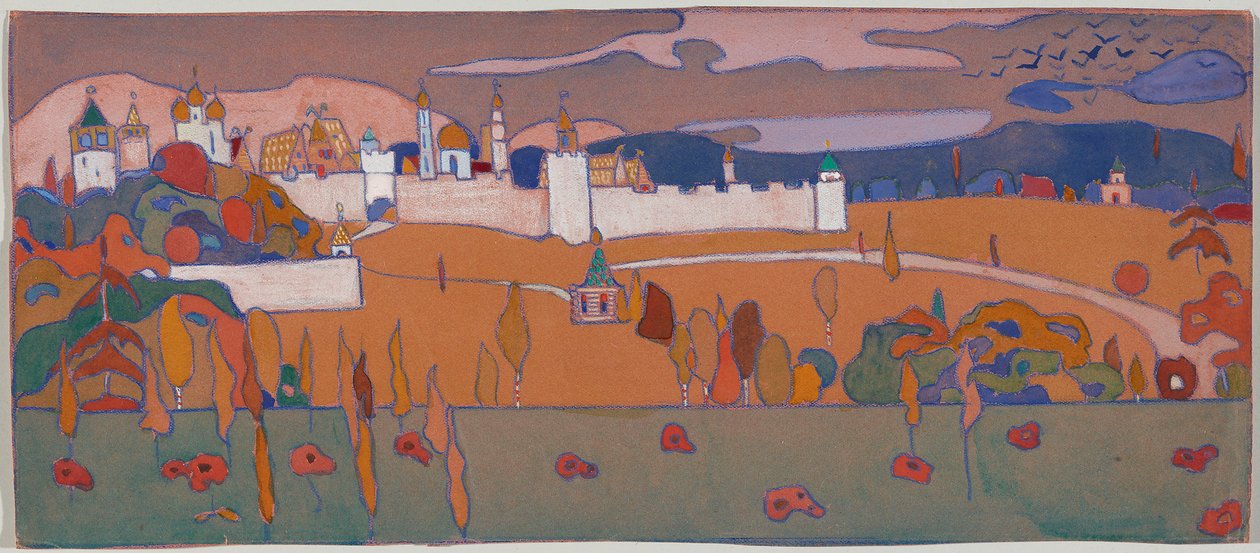 Falakkal körülvett város őszi tájban alkotó: Wassily Kandinsky