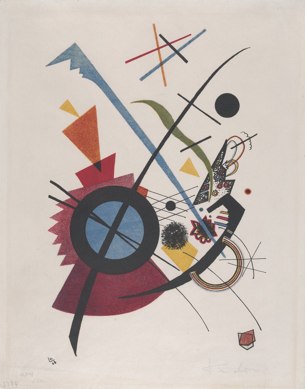 Violett, 1923 (vörös, sárga, kék és fekete litográfia) alkotó: Wassily Kandinsky