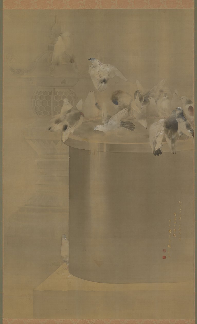 Galambok a Senjodzsiban (Asakusa Kannon Temple) Meiji Era, 1877 (tinta és szín selyemen) alkotó: Watanabe Seitei