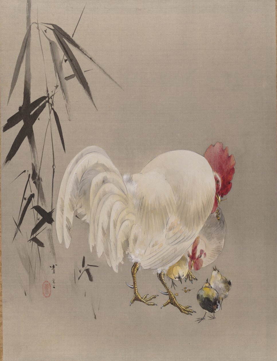 Kakas és tyúk csibékkel, kb. 1887. alkotó: Watanabe Seitei