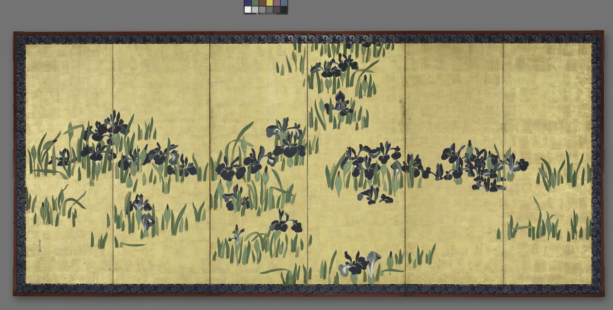 Íriszek, egyike a hatszoros képernyőpárnak, 1700-as évek alkotó: Watanabe Shiko